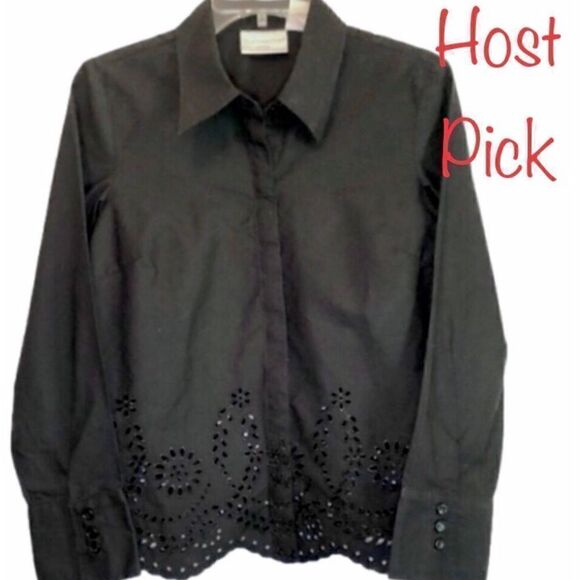 Worthington Black Button Down Top with Eyelet Detailing Women’s Petite 10P - Picture 1 of 8